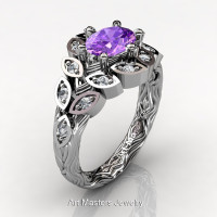Art Masters Nature Inspired 14K White Gold 1.0 Ct Oval Amethyst Diamond Leaf and Vine Solitaire Ring R267-14KWGDAM-1