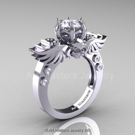 Art Masters Classic Winged Skull 14K White Gold 1.0 Ct White Sapphire Diamond Solitaire Engagement Ring R613-14KWGDWS-1