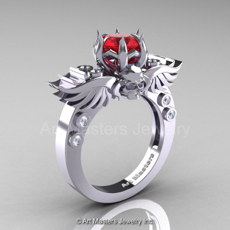 Art Masters Classic Winged Skull 14K White Gold 1.0 Ct Firecracker Ruby Diamond Solitaire Engagement Ring R613-14KWGDR-1