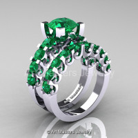 Modern Vintage 14K White Gold 3.0 Ct Emerald Designer Wedding Ring Bridal Set R142S-14KWGEM-1