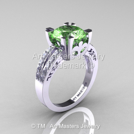 Modern Vintage 14K White Gold 3.0 Carat Green Topaz Diamond Solitaire Ring R102-14KWGDGT-1