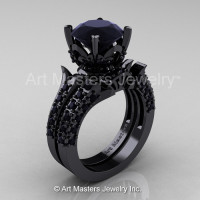 Classic French 14K Black Gold 3.0 Ct Black Diamond Solitaire Wedding Ring Wedding Band Bridal Set R401S-14KBGBD-1