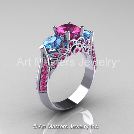 Classic 18K White Gold Three Stone Blue Topaz Pink Sapphire Solitaire Ring R200-18KWGBTPS-1