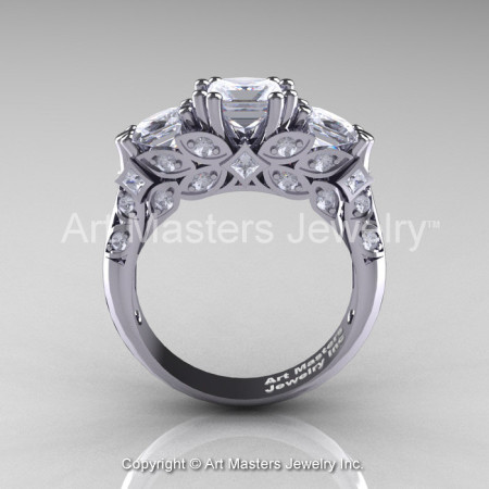 Classic 14K White Gold Three Stone Princess White Sapphire Solitaire Engagement Ring R500-14KWGWS-1