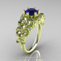 Nature Classic 18K Green Gold 1.0 Ct Blue Sapphire Diamond Orchid Engagement Ring R604-18KGGDBS-1
