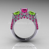 Art Masters Classic 14K White Gold Three Stone Pink Sapphire Peridot Solitaire Ring R200-14KWGPEPS-2