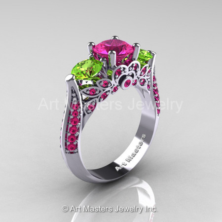 Art Masters Classic 14K White Gold Three Stone Pink Sapphire Peridot Solitaire Ring R200-14KWGPEPS-1