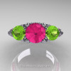 Art Masters Classic 14K White Gold Three Stone Pink Sapphire Peridot Solitaire Ring R200-14KWGPEPS-3