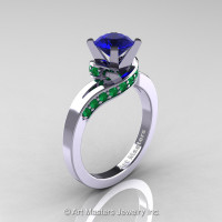 Classic 14K White Gold 1.0 Ct Blue Sapphire Emerald Designer Solitaire Ring R259-14KWGEMBS-1