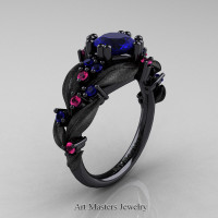 Nature Classic 14K Black Gold 1.0 Ct Blue and Pink Sapphire Leaf and Vine Engagement Ring R340S-14KBGPSBS Perspective