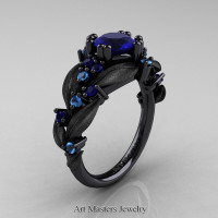 Nature Classic 14K Black Gold 1.0 Ct Blue Sapphire Blue Topaz Leaf and Vine Engagement Ring R340S-14KBGBTBS Perspective