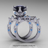 Modern-Antique-White-Gold-Black-Diamond-Blue-Topaz-Solitaire-Wedding-Ring-Bridal-Set-R214S-WGBTBD-F