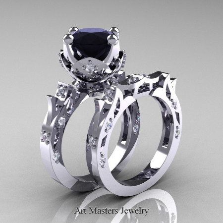 Modern-Antique-White-Gold-Black-Diamond-Solitaire-Wedding-Ring-Bridal-Set-R214S-WGDBD-P