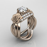 Nature Inspired 14K Rose Gold 1.0 Ct White Sapphire Diamond Rose Vine Engagement Ring Wedding Band Set R294S-14KRGDWS - Perspective