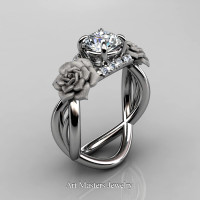 Nature Inspired 14K White Gold 1.0 Ct White Sapphire Diamond Rose Vine Engagement Ring R294-14KWGDWS - Perspective