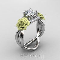 Nature Inspired 14K White Gold 1.0 Ct White Sapphire Diamond Rose Vine Engagement Ring R294-14KWGGDWS - Perspective