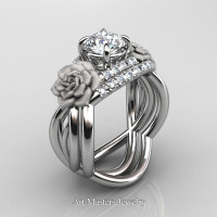 Nature Inspired 14K White Gold 1.0 Ct White Sapphire Diamond Rose Vine Engagement Ring Wedding Band Set R294S-14KWGDWS - Perspective