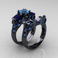 Designer Classic 14K Black Gold Three Stone Princess Blue Topaz Blue Sapphire Engagement Ring Wedding Band Set R500S-14KBGBSBT - Perspective