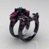 Designer Classic 14K Black Gold Three Stone Princess Black Diamond Pink Sapphire Engagement Ring Wedding Band Set R500S-14KBGPSBD - Perspective