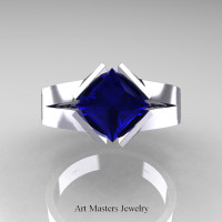 Neomodern 14K White Gold 1.5 CT Princess Blue Sapphire Engagement Ring R389-14KWGBS