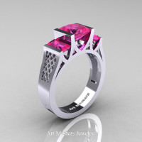Modern 14K White Gold 1.5 Carat Princess Pink Sapphire Engagement Ring R387-14KWGPS - Perspective