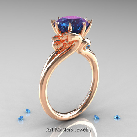 Art Masters 14K Rose Gold 3.0 Ct Chrysoberyl Alexandrite Blue Topaz Dragon Engagement Ring R601-14KRGBTAL