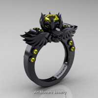Art Masters Classic Winged Skull 14K Black Gold 1.0 Ct Yellow Sapphire Solitaire Engagement Ring R613-14KBGYS