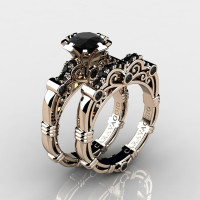 Art Masters Caravaggio 14K Rose Gold 1.0 Ct Black Diamond Engagement Ring Wedding Band Set R623S-14KRGBD