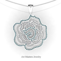 Classic 14K White Gold Aquamarine Diamond Rose Promise Pendant and Necklace Chain P101M-14KWGDAQ