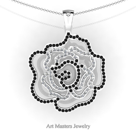 Classic 14K White Gold Black and White Diamond Rose Promise Pendant and Necklace Chain P101M-14KWGDBD