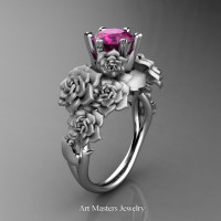 Nature Inspired 14K White Gold 1.0 Ct Pink Sapphire Rose Bouquet Leaf and Vine Engagement Ring R427-14KWGSPS