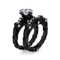 Art Masters Caravaggio 14K Black Gold 1.25 Ct Princess White Sapphire Diamond Engagement Ring Wedding Band Set R623PS-14KBGDWS