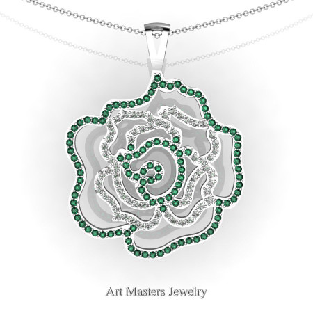 Classic 14K White Gold Emerald Diamond Rose Promise Pendant and Necklace Chain P101M-14KWGDEM
