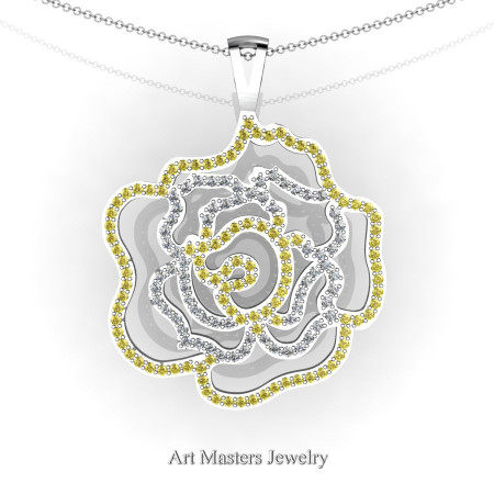 Classic 14K White Gold Yellow Sapphire Diamond Rose Promise Pendant and Necklace Chain P101M-14KWGDYS