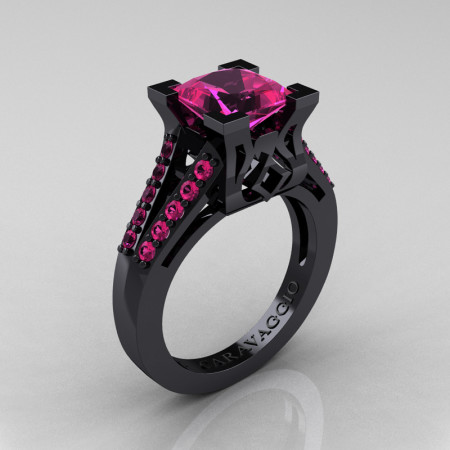 Caravaggio Classic 14K Black Gold 2.0 Ct Princess Pink Sapphire Cathedral Engagement Ring R488-14KBGPS
