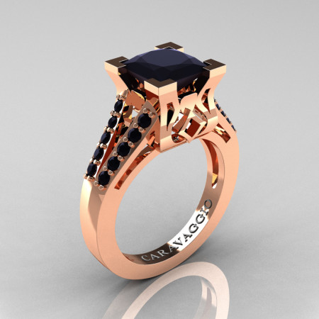 Caravaggio Classic 14K Rose Gold 2.0 Ct Princess Black Diamond Cathedral Engagement Ring R488-14KRGBD