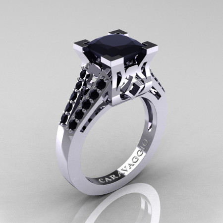 Caravaggio Classic 14K White Gold 2.0 Ct Princess Black Diamond Cathedral Engagement Ring R488-14KWGBD