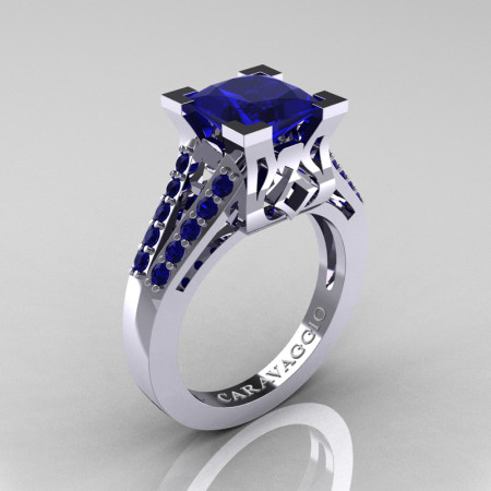 Caravaggio Classic 14K White Gold 2.0 Ct Princess Blue Sapphire Cathedral Engagement Ring R488-14KWGBS