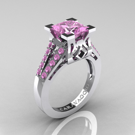 Caravaggio Classic 14K White Gold 2.0 Ct Princess Light Pink Sapphire Cathedral Engagement Ring R488-14KWGLPS