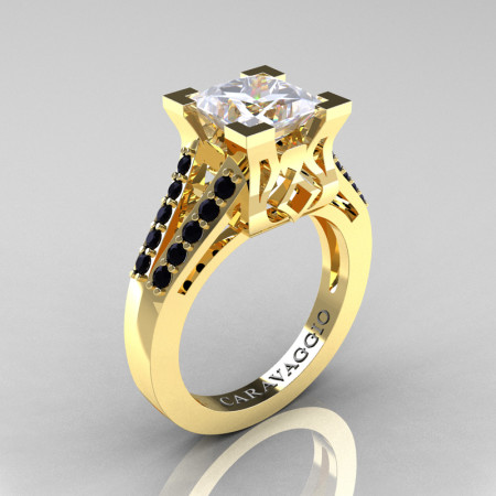 Caravaggio Classic 14K Yellow Gold 2.0 Ct Princess White Sapphire Black Diamond Cathedral Engagement Ring R488-14KYGBDWS