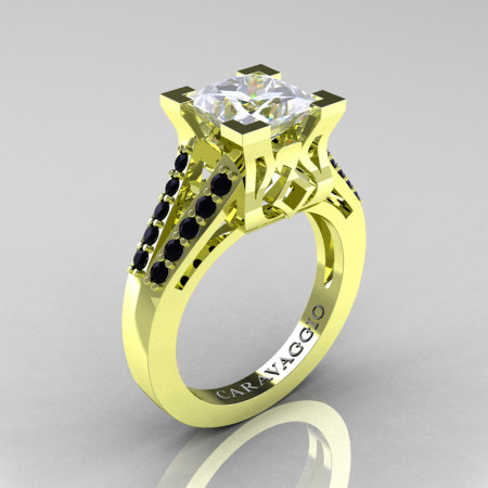 Caravaggio-Classic-18K-Green-Gold-2-Carat-Princess-White-Sapphire-Black-Diamond-Cathedral-Engagement-Ring-R488-18KGGBDWS-P