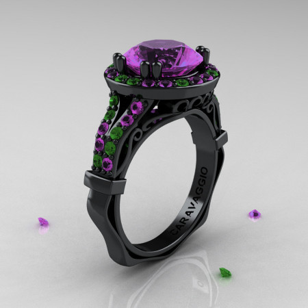 Caravaggio 14K Black Gold 3.0 Ct Amethyst Emerald Engagement Ring Wedding Ring R620-14KBGEAM