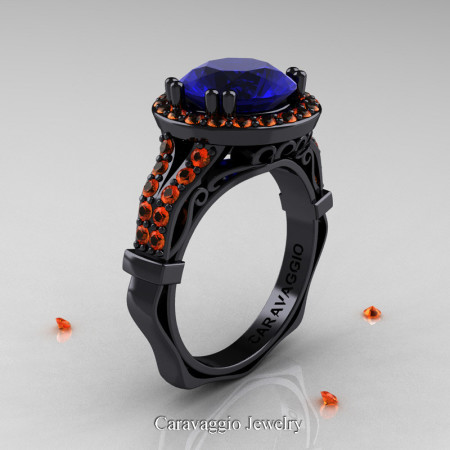 Caravaggio 14K Black Gold 3.0 Ct Blue and Orange Sapphire Engagement Ring Wedding Ring R620-14KBGOSBS