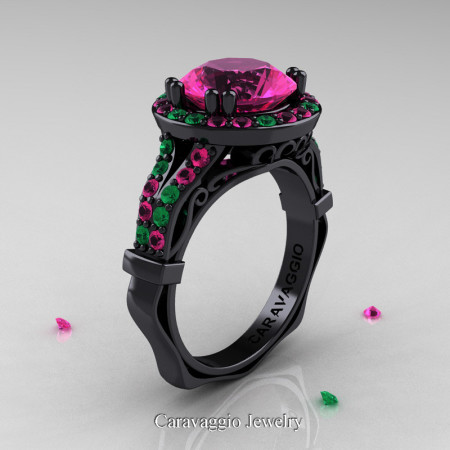 Caravaggio 14K Black Gold 3.0 Ct Pink Sapphire Emerald Engagement Ring Wedding Ring R620-14KBGEMPS