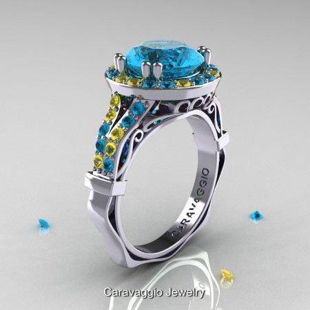 Caravaggio 14K White Gold 3.0 Ct Blue Topaz Yellow Sapphire Engagement Ring Wedding Ring R620-14KWGYSBT