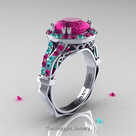Caravaggio 14K White Gold 3.0 Ct Pink Sapphire Blue Zircon Engagement Ring Wedding Ring R620-14KWGBZPS