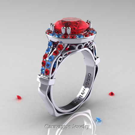 Caravaggio 14K White Gold 3.0 Ct Ruby Blue Topaz Engagement Ring Wedding Ring R620-14KWGBTR