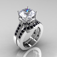 Classic 14K White Gold 3.0 Ct White Sapphire Black Diamond Solitaire Wedding Ring Set R301S-14KWGBDWS