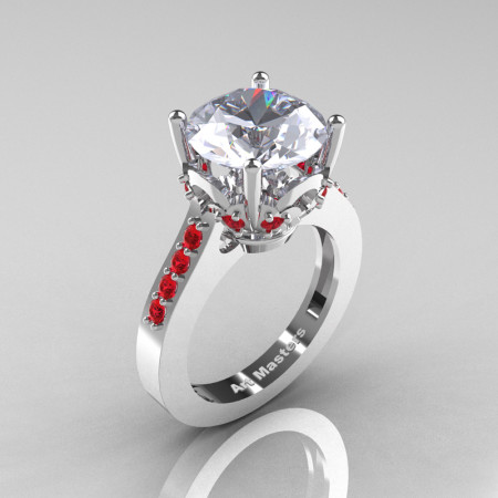 Classic 14K White Gold 3.0 Ct White Sapphire Ruby Solitaire Wedding Ring R301-14KWGRWS