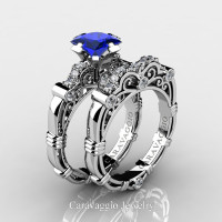 Art Masters Caravaggio 14K White Gold 1.25 Ct Princess Blue Sapphire Diamond Engagement Ring Wedding Band Set R623PS-14KWGDBS